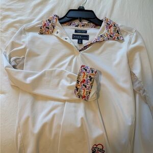 Essex Classics White Long Sleeve Polo with Colorful Horse Print Trim